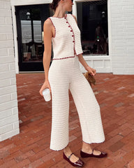 LIZAKOSHT - New Casual Round Neck Knitted Sleeveless Vest High Waisted Pants Casual Suit Cute Knitted Cardigan Tops Elastic Pants