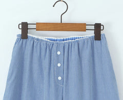 LIZAKOSHT - CHIC Blue White Stripes Cotton Wide leg Pants Women Elastic Waist Loose Casual Floor Length Trousers Pants Pink