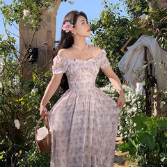 LIZAKOSHT - Summer Elegant Puff Sleeve France Style Dress High Waist Print Sweet Square Collar Holiday DressVintage One Piece Dress