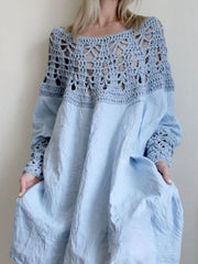 LIZAKOSHT - Elegant Dress for Women Solid Color Loose Fit Knee-Length Dress Hollow Out Patchwork Long Sleeve Dress Vestidos Femme