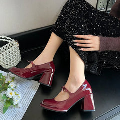 LIZAKOSHT - Red retro height increase thick heel high heels women's new autumn and winter French shallow mouth Mary Jane single shoes