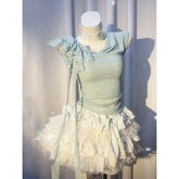 LIZAKOSHT - Summer Mint Green Irregular Ruffle Top Polka Dot Skirt Two-piece Set for Women