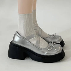 LIZAKOSHT - Women New Round Toe Cute Mary Janes Shoes Female Bow Sliver Leather Square Heel Pumps Lady French style Lolita Shoes