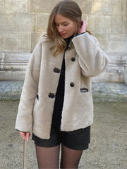 LIZAKOSHT  -  Mid Length Leather Fur One-Piece Jacket Coat Knot Buckle Lamb Faux Fur Overcoat Round Neck Women Classic Two Wear Outwear Top