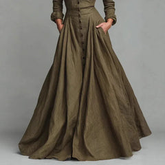 LIZAKOSHT - European American Women Dresses Retro Turndown Collar Pocket Long Dress Autumn Single Breasted Long Sleeve A-Line Street Dress