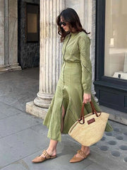 LIZAKOSHT - Hollow Out Green Long Skirt Set Embroidered Long Sleeved Shirt Single Breasted Elegant Half Body Fishtail Skirt Women's Clothing