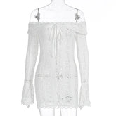 LIZAKOSHT - Sexy Slim One Shoulder Lace Dress Women's Stylish High-Waist Lace Up Flared Sleeves Party Club Dresses Female Summer New