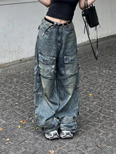 LIZAKOSHT  -  Women's Blue Cargo Jeans Harajuku 2000s 90s Aesthetic Baggy Denim Trousers Oversize Y2k Jean Pants Vintage Trashy Clothes