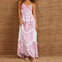 LIZAKOSHT - Women Floral Flowy Maxi Dress Boho Y2K Long Dress Spaghetti Strap V Neck Low Cut Ruffle Frill Tiered Beach Sundress