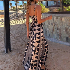 LIZAKOSHT - Women Pattern Print Big Swing A-line Dress All Match Female High Waist Long Dress Casual 2025 Suspender V Bohemian Dress Elegant