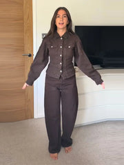 LIZAKOSHT  -  Solid Color Denim Jacket Pants Woman Set Lapel Waist Cinched Jackets Lace Up High Waist Trousers Casual Street Women's New Suits