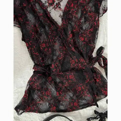 LIZAKOSHT - Sexy T-shirt Lace Y2k Clothes Slim Crop Top Goth Short Sleeve Punk Vintage Tees Hot Girl Sweet 2000s V-Neck Harajuku Emo Korean