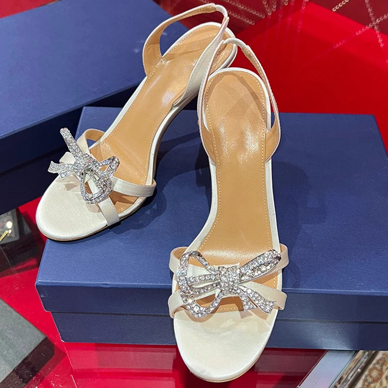 LIZAKOSHT -  Exquisite High Heels for Women Summer New Style Elegant Style Versatile Round Head Rhinestone Bow Tie Thin Heel Sandals