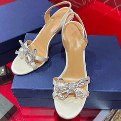 LIZAKOSHT - Exquisite High Heels for Women Summer New Style Elegant Style Versatile Round Head Rhinestone Bow Tie Thin Heel Sandals