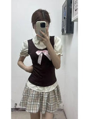 LIZAKOSHT  -  Japanese Casual Retro Slim 3-piece Set Women's Fashion Vintage Bow Puff Sleeve T-Shirts Female High-waist Plaid Short Skirt Suit
