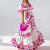 LIZAKOSHT - Women Casual Short Sleeve Pleated Long Dress 2025 Fashion Pattern Print Party Dress Elegant Deep V-neck Ruffle Bohemian Dresses