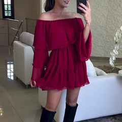 LIZAKOSHT - Autumn Retro Long Flare Sleeve A-line Dress Women 2024 One Shoulder Ruffles Patchwork Mini Dress All Match Elastic Party Dress
