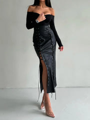 LIZAKOSHT - PU Leather Patchwork Fashion Maxi Skirts, Women Autumn Loungewear All Match Pencil Skirts, Solid Slim Lace-Up Ladies Skirts