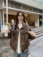 LIZAKOSHT - Women's Vintage Bow Tie Leather Jacket Drop Sleeve Casual Loose Cargo Motorcycle PU Leather Coat Turn Down Collar