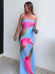 LIZAKOSHT - Summer Chiffon Printed Maxi Dress Women Patchwork Backless Slim Contrast Elegant Party Dress Ladies New Long Dress