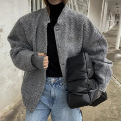Lizakosht Grey Coat Women Casual With Button Solid Long Sleeve Jackets Coats Woman Fashion Loose Winter Warm Jacket