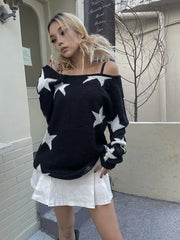 LIZAKOSHT - Y2K Black Star Knit Sweaters Women Vintage 90s Off Shoulder Pullovers Jerseys Gothic Egirl Oversize Long Sleeve Jumpers