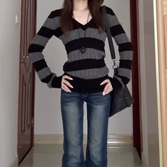 LIZAKOSHT - Striped Sweater Vintage Women V-neck Harajuku Slim Pullovers Casual Cable Knit Knitwear Shirt Streetwear Y2k Fall Sweater Tops