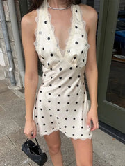 LIZAKOSHT - Dot Print Lace Mini Dress For Women Summer Deep V Neck Sleeveless Halter Dresses Party Club Sexy Backless Short Dress