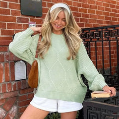 LIZAKOSHT - Knitted Sweater Pullover Women's Solid O-Neck Ribbed Long Sleeve Fashion Office Sweater Loose Casual Autumn Sweater 2024