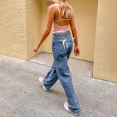 LIZAKOSHT - Vintage Women Mid Rise Baggy Jeans Fashion Casual 3D Bow Straight Leg Denim Pants with Pockets Y2K Retro Streetwear