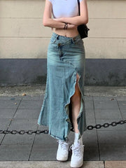 LIZAKOSHT - Women High Waist Pleated Ruffled Blue Denim Skirts Women Slim Hip Mermaid Skirt Woman Chic Skirts Femme Autumn Winter