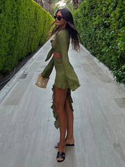 LIZAKOSHT  -  Sexy Irregular Skirt Women Set Fashion V-neck Lace Up Long Sleeve Short Top Suit Female High Waist Asymmetry Midi Skirts Outfits