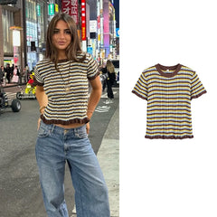 LIZAKOSHT - Summer Women's T-Shirt Tops 2025 New Chic Elastic Slim O-neck Striped Tops Women's Street Fashion Joker Youth Knitted T-Shirt