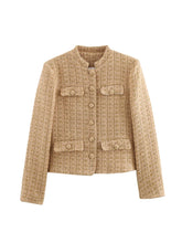 LIZAKOSHT - Vintage Women Elegant Tweed Golden Jacket Fashion Ladies Slim Single Breasted Jackets for Party Female Chic Outfits Cute