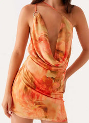 LIZAKOSHT - Sexy Printed Sling Dress Women Elegant Deep V Neck Sleeveless Backless High Waist Slim Mini Dresses Lady Beach Vacation Gown