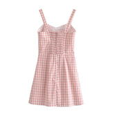 LIZAKOSHT - Retro French Pink Gingham Plaid Print Sling Dress Sexy Summer Woman Backless Spaghetti Strap Dresses Strapless Holiday Robe