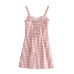 LIZAKOSHT - Retro French Pink Gingham Plaid Print Sling Dress Sexy Summer Woman Backless Spaghetti Strap Dresses Strapless Holiday Robe