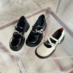 Lizakosht Sweet Cool Style Pearl Chain New High Rise Vintage One Line Buckle Belt 41-43 Large Small Leather Shoes for Women