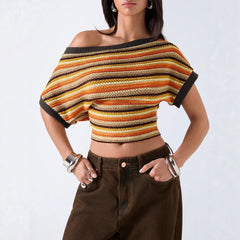 LIZAKOSHT - Colorful Bohemian Y2K Spicy Retro Hollow Knitted T-Shirt Asymmetrical Shoulder Line Batswing Sleeve Waist Cinched Top