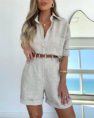LIZAKOSHT  Solid Tow-piece Set 2024 New Spring Summer Pocket Long Sleeve Blouse+short Pants Sets With Belted Casual Fashion Women's Suits