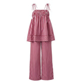 LIZAKOSHT - Women Summer Striped 2 Piece Outfits Casual Sleeveless Tie Strap Babydoll Tank Top Pants Sets Sleepwear Y2K Lounge Matching Suit