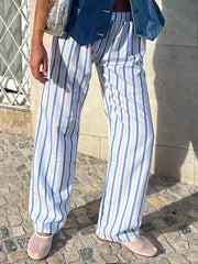 LIZAKOSHT - Women's Casual Straight Pants Elastic Waist Plaid/Striped Print Pants Lounge Trousers with Pockets for Daily Life Spring Fall