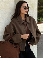 LIZAKOSHT  -  2025 Fashion Brown Zipper Woolen Jacket Women Elegant Lapel Long Sleeve Short Coats Female Vintage Autumn Lady Street Outerwear