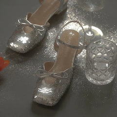 LIZAKOSHT - Ladies Shoes Square Heels Summer Crystal Footwear Closed Sandals for Women Bow Silver Free Shipping and Low Price Designer