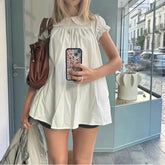 LIZAKOSHT - French Vintage Peter Pan Collar Puff Sleeve Sweet Dress Y2k Spring Summer Pleated All Match Clothes Harajuku High Street Dress