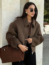 LIZAKOSHT - 2025 Fashion Brown Zipper Woolen Jacket Women Elegant Lapel Long Sleeve Short Coats Female Vintage Autumn Lady Street Outerwear