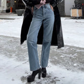 LIZAKOSHT - Retro High Waist Straight Jeans Autumn and Winter Women's Temperament Feet Jeans