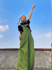 LIZAKOSHT  -  Women's Green Straps Jeans Straight Vintage Baggy Casual Fashion Wide Leg Pants Self Cultivation Denim Trouser Ladies