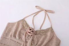 LIZAKOSHT - Women's Sweet Desire Hollow Rose Halter Lace-up Sling + Solid Color V-neck Long-sleeved Strapped Short Cardigan Two-piece Set