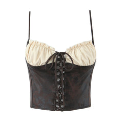 LIZAKOSHT - Sexy Brown Patchwork Wood ears Bra Corset Camis Women Cross Lacing up Bandage Bow Front Crop Top Camisoles Bra Tank Vest